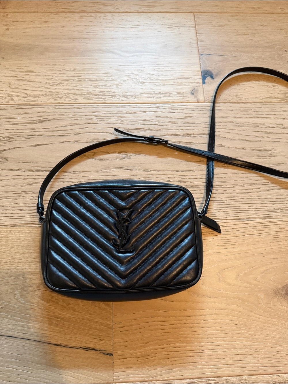 Saint Laurent Black Chevron Quilted Leather Crossbody Camera Bag